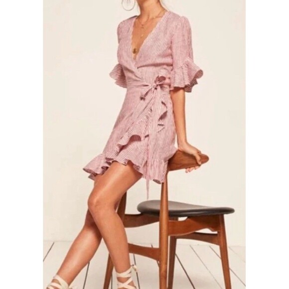 Reformation XS Kelsey Dress Red & White Linen Stripes Ruffles Mini Wrap Dress - Picture 2 of 10